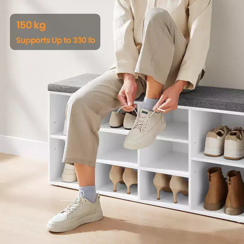 Banc à chaussures élégant avec assise capitonnée et 10 compartiments – Solution de rangement polyvalente pour l'entrée et la chambre