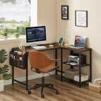Bureau d'angle en forme de L VECELO, style industriel, avec 2 étagères ouvertes et pochette de rangement, couleur marron