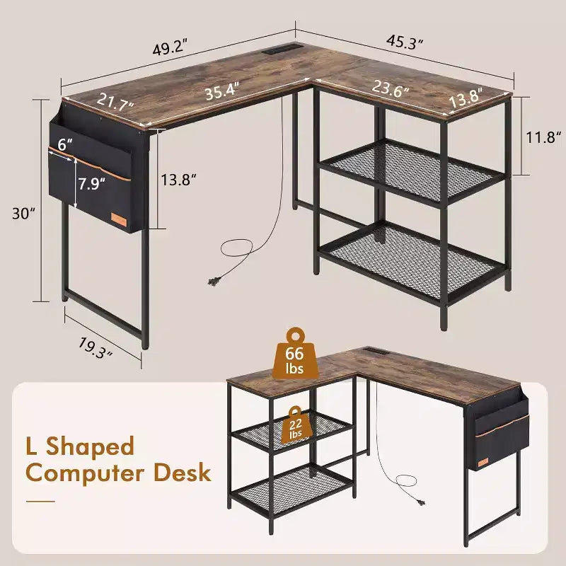 Bureau d'angle en forme de L VECELO, style industriel, avec 2 étagères ouvertes et pochette de rangement, couleur marron