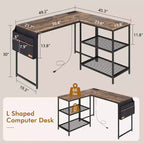 Bureau d'angle en forme de L VECELO, style industriel, avec 2 étagères ouvertes et pochette de rangement, couleur marron