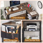 Bureau d'angle en forme de L VECELO, style industriel, avec 2 étagères ouvertes et pochette de rangement, couleur marron