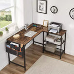 Bureau d'angle en forme de L VECELO, style industriel, avec 2 étagères ouvertes et pochette de rangement, couleur marron