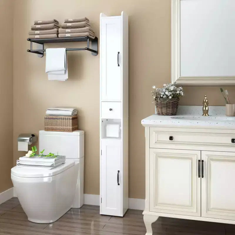MAYEERTY 67,5 Pouces Armoire de Rangement Haute pour Salle de Bain, Armoire Autonome à 2 Portes avec Étagères Réglables et Porte-Mouchoirs Détachable pour Petites Salles de Bain