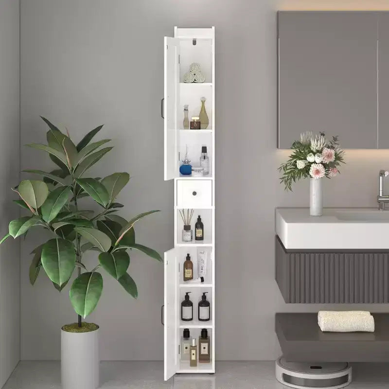 MAYEERTY 67,5 Pouces Armoire de Rangement Haute pour Salle de Bain, Armoire Autonome à 2 Portes avec Étagères Réglables et Porte-Mouchoirs Détachable pour Petites Salles de Bain