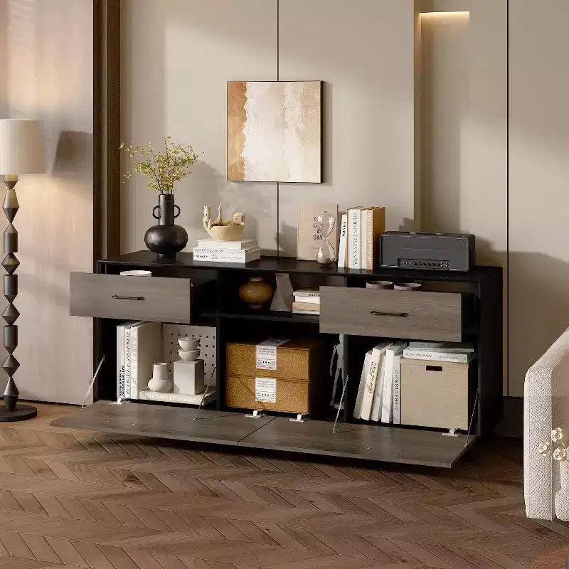 Meuble TV 2 portes Famapy, design à porte abattante, style moderne gris, table d'appoint de salon