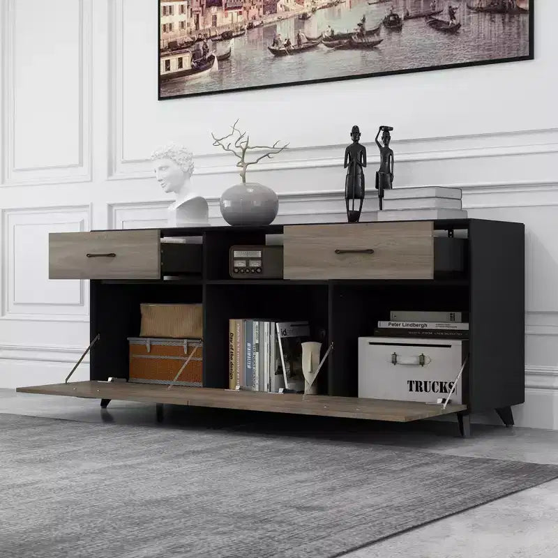 Meuble TV 2 portes Famapy, design à porte abattante, style moderne gris, table d'appoint de salon