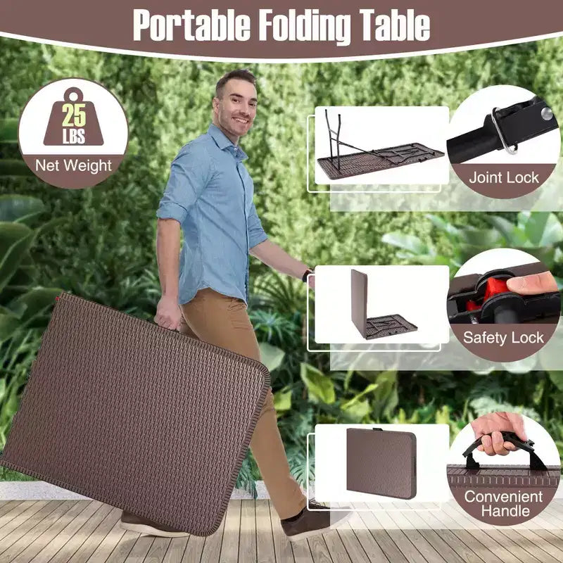 Table pliante Costway 350 LBS avec plateau en HDPE aspect rotin et mécanisme de verrouillage sécurisé
