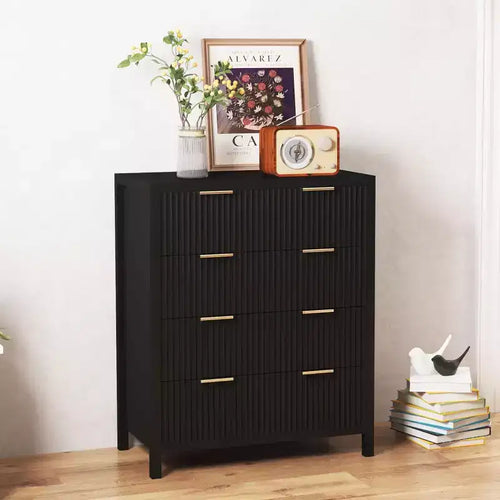Commode de chambre à 4 tiroirs, commode de placard moderne avec panneau cannelé ondulé, grande commode de rangement en bois