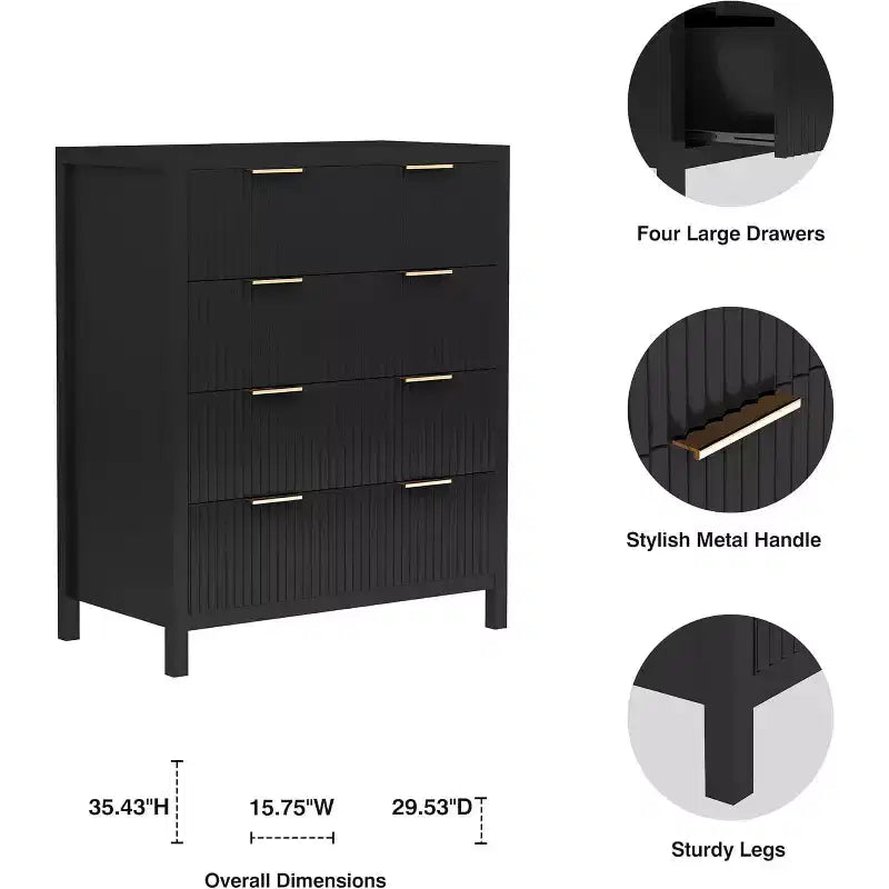 Commode de chambre à 4 tiroirs, commode de placard moderne avec panneau cannelé ondulé, grande commode de rangement en bois