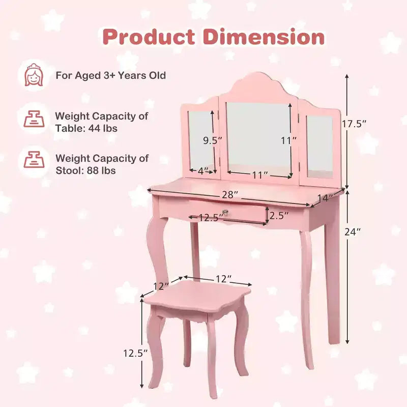 Costway Coiffeuse et tabouret pour enfants Princesse Maquillage Set de jeu pour filles Blanc/Rose