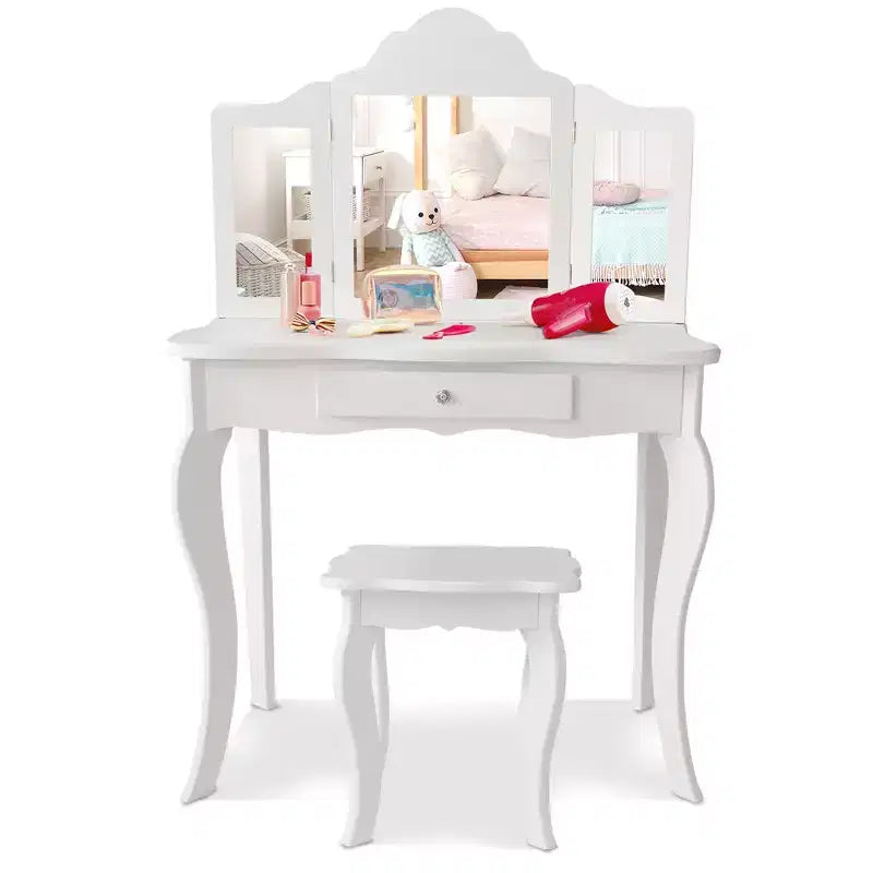 Costway Coiffeuse et tabouret pour enfants Princesse Maquillage Set de jeu pour filles Blanc/Rose