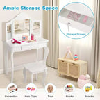 Costway Coiffeuse et tabouret pour enfants Princesse Maquillage Set de jeu pour filles Blanc/Rose