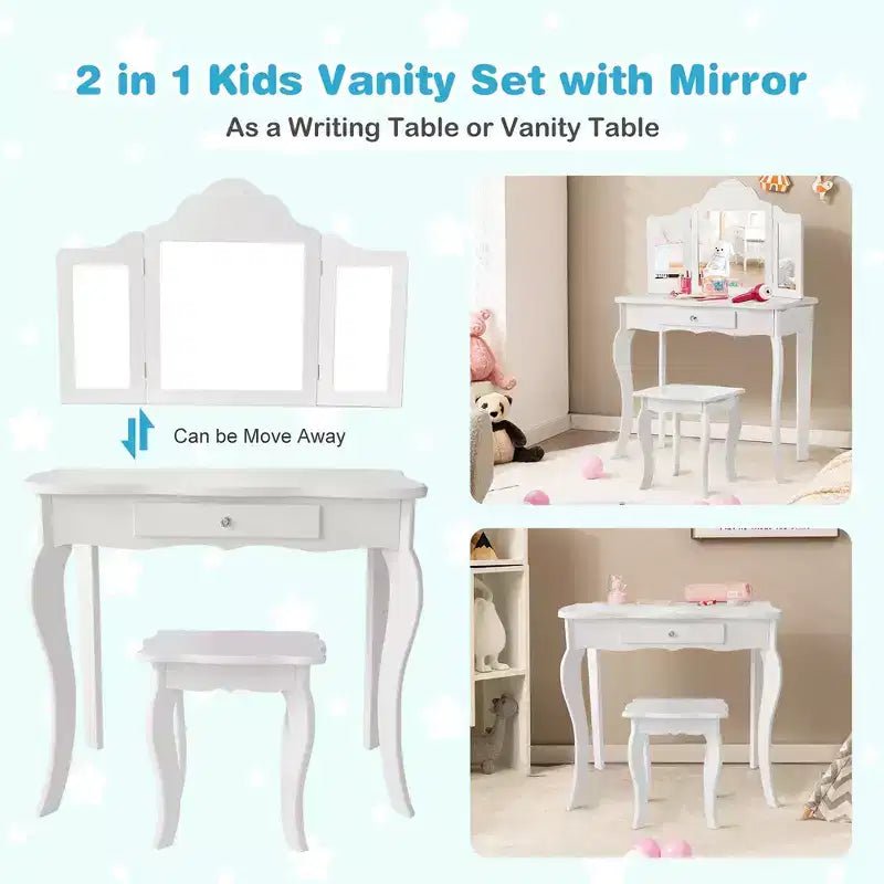 Costway Coiffeuse et tabouret pour enfants Princesse Maquillage Set de jeu pour filles Blanc/Rose