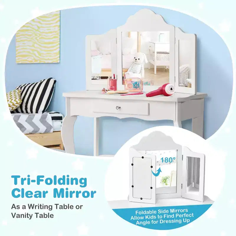 Costway Coiffeuse et tabouret pour enfants Princesse Maquillage Set de jeu pour filles Blanc/Rose