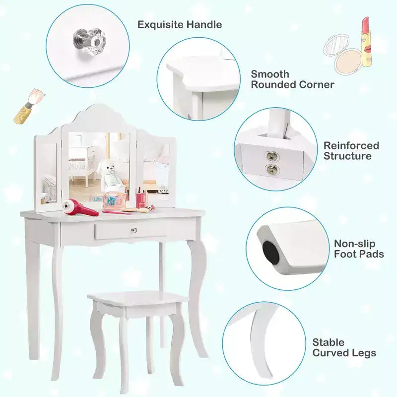 Costway Coiffeuse et tabouret pour enfants Princesse Maquillage Set de jeu pour filles Blanc/Rose