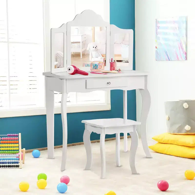 Costway Coiffeuse et tabouret pour enfants Princesse Maquillage Set de jeu pour filles Blanc/Rose