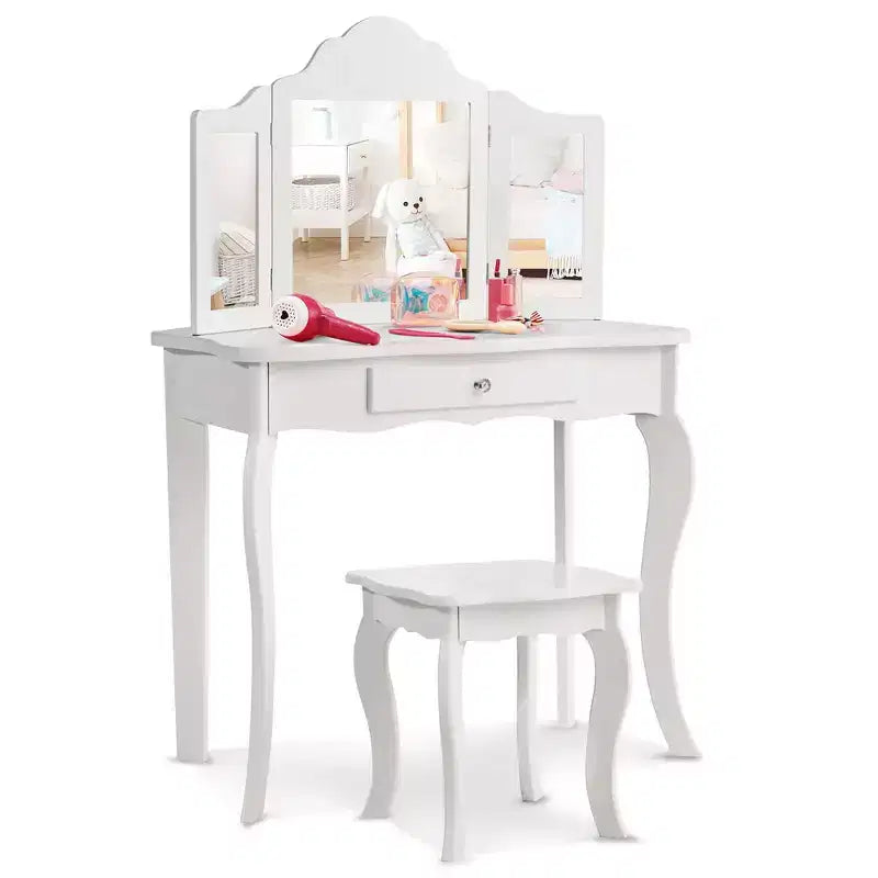 Costway Coiffeuse et tabouret pour enfants Princesse Maquillage Set de jeu pour filles Blanc/Rose