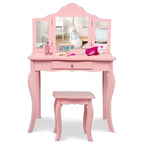 Costway Coiffeuse et tabouret pour enfants Princesse Maquillage Set de jeu pour filles Blanc/Rose