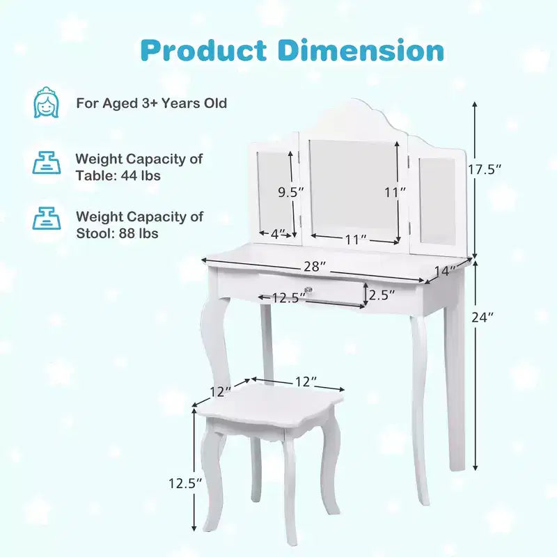 Costway Coiffeuse et tabouret pour enfants Princesse Maquillage Set de jeu pour filles Blanc/Rose