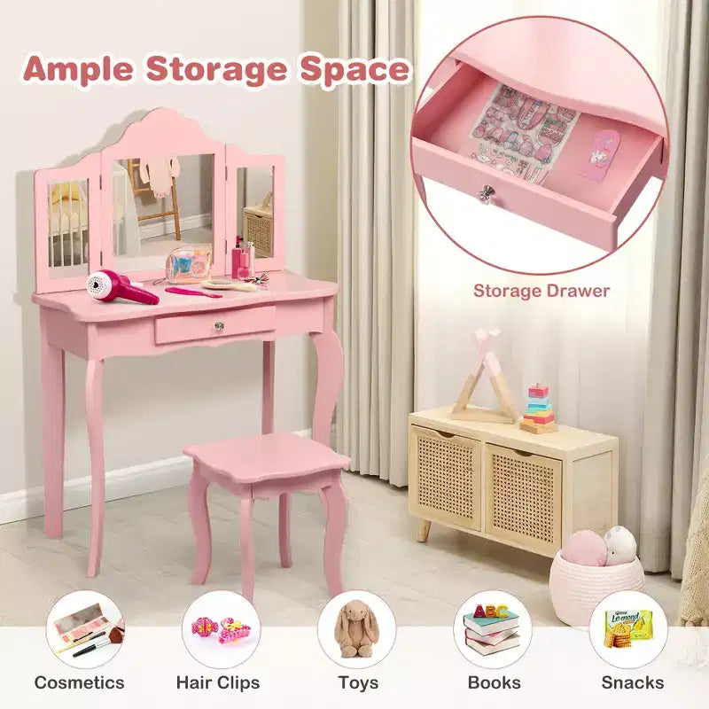 Costway Coiffeuse et tabouret pour enfants Princesse Maquillage Set de jeu pour filles Blanc/Rose