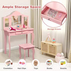 Costway Coiffeuse et tabouret pour enfants Princesse Maquillage Set de jeu pour filles Blanc/Rose