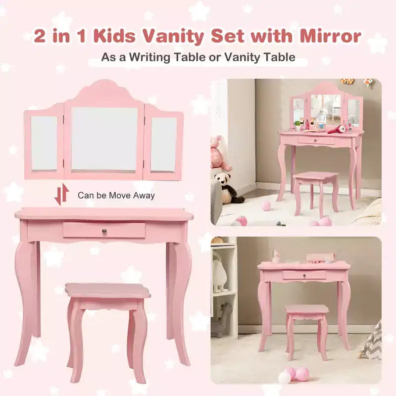 Costway Coiffeuse et tabouret pour enfants Princesse Maquillage Set de jeu pour filles Blanc/Rose