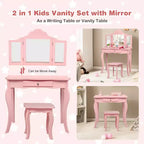 Costway Coiffeuse et tabouret pour enfants Princesse Maquillage Set de jeu pour filles Blanc/Rose