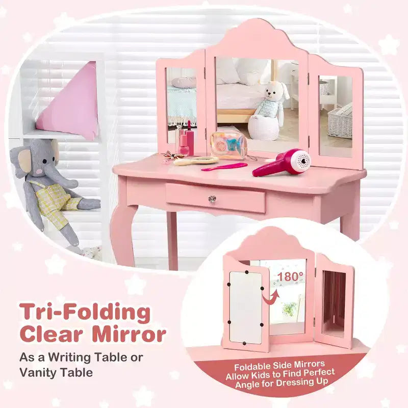 Costway Coiffeuse et tabouret pour enfants Princesse Maquillage Set de jeu pour filles Blanc/Rose