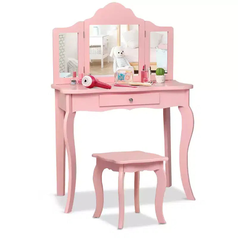 Costway Coiffeuse et tabouret pour enfants Princesse Maquillage Set de jeu pour filles Blanc/Rose