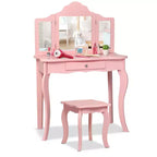 Costway Coiffeuse et tabouret pour enfants Princesse Maquillage Set de jeu pour filles Blanc/Rose