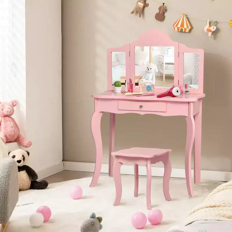 Costway Coiffeuse et tabouret pour enfants Princesse Maquillage Set de jeu pour filles Blanc/Rose