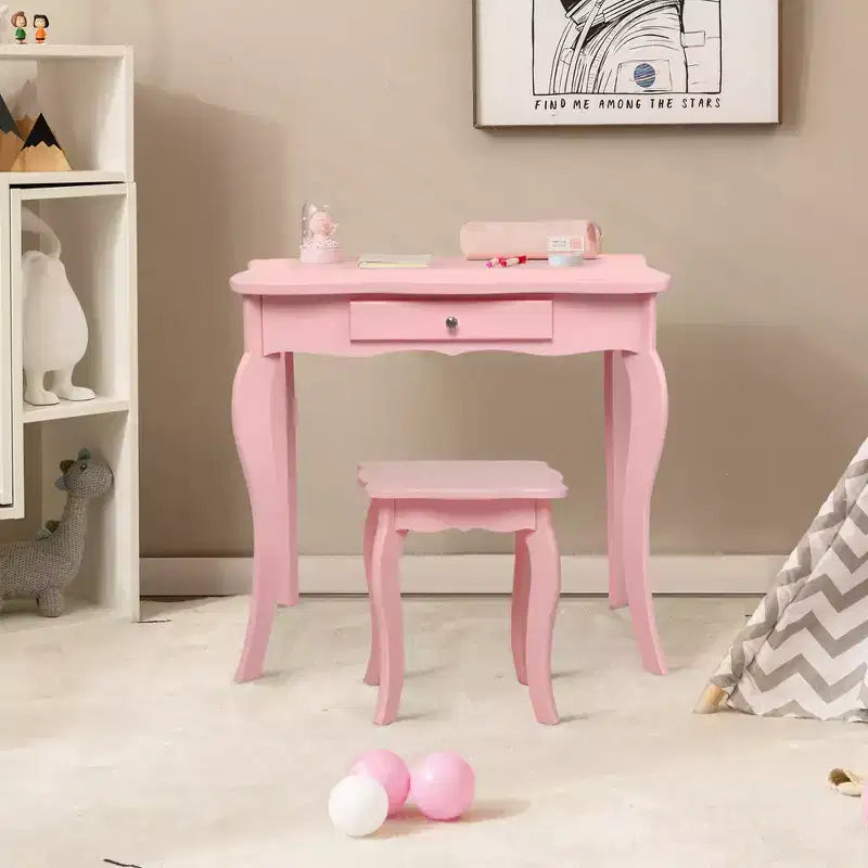 Costway Coiffeuse et tabouret pour enfants Princesse Maquillage Set de jeu pour filles Blanc/Rose