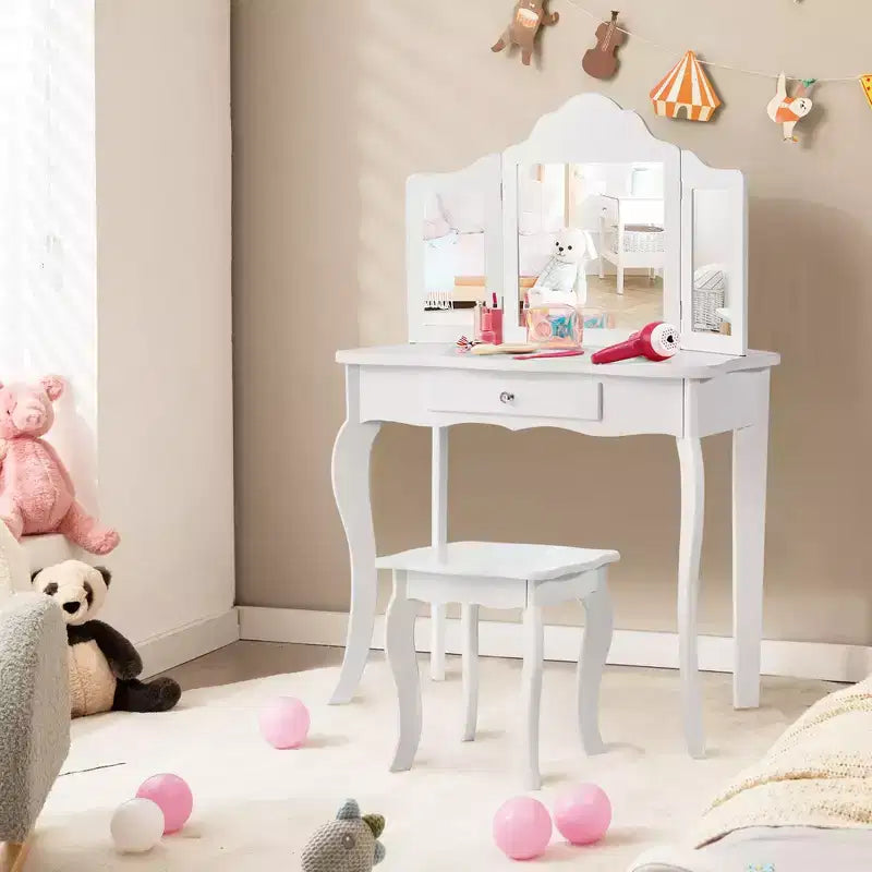 Costway Coiffeuse et tabouret pour enfants Princesse Maquillage Set de jeu pour filles Blanc/Rose