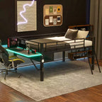 Whisen 92.8''L x 41.7''W Gaming Style Black Metal Loft Bed with Built in Desk, Ladder and Shelf
