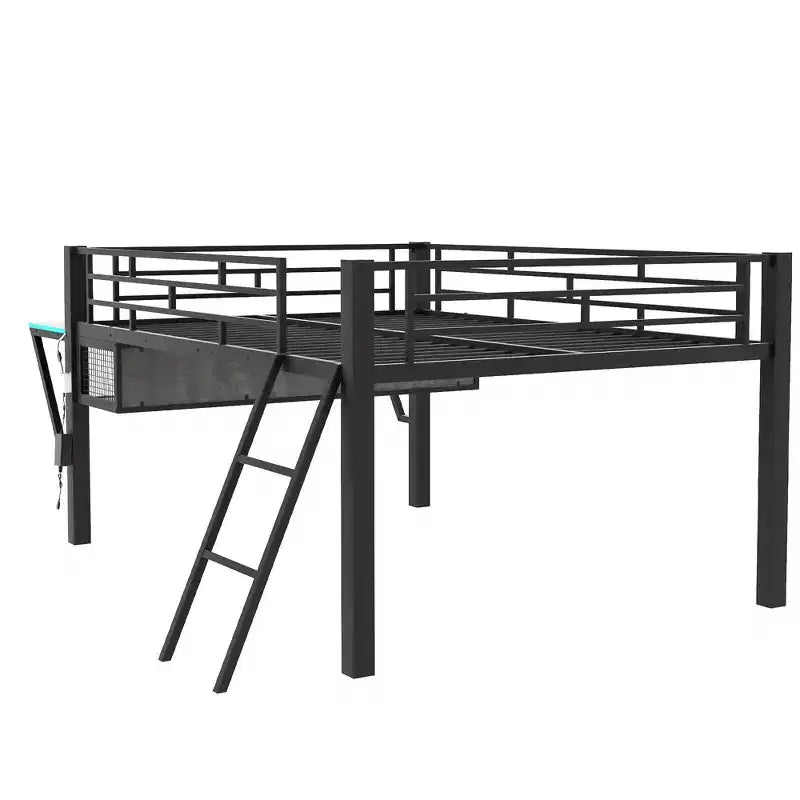 Lit mezzanine Whisen 92,8''L x 41,7''W en métal noir, style gaming, avec bureau intégré, échelle et étagère
