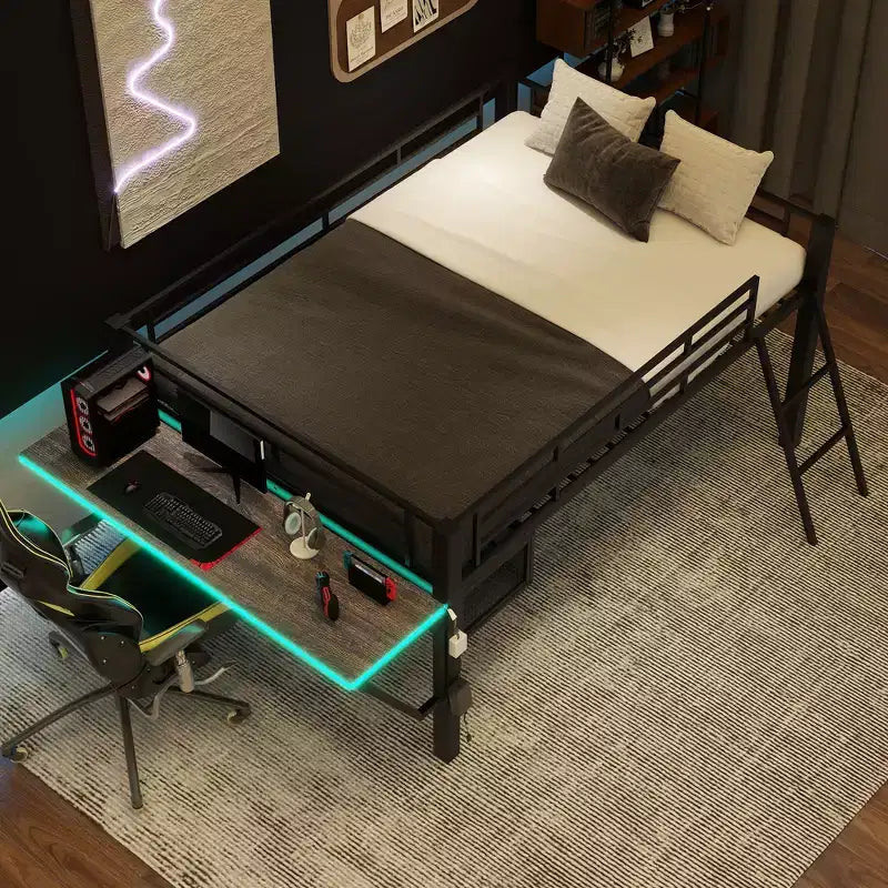 Lit mezzanine Whisen 92,8''L x 41,7''W en métal noir, style gaming, avec bureau intégré, échelle et étagère