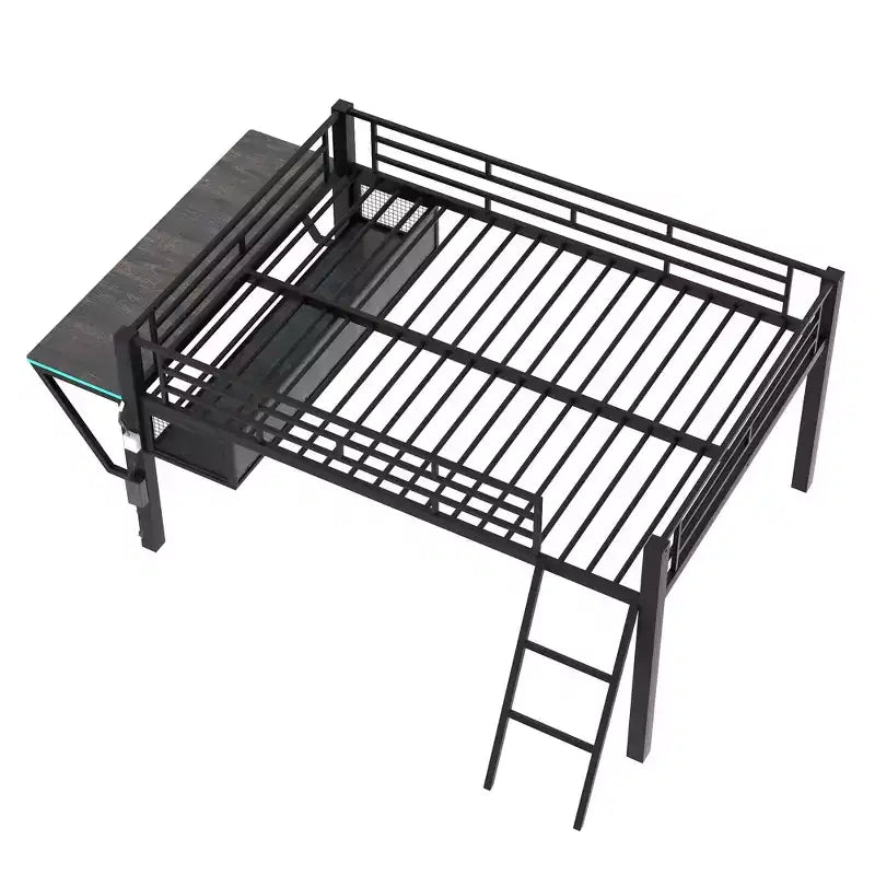 Lit mezzanine Whisen 92,8''L x 41,7''W en métal noir, style gaming, avec bureau intégré, échelle et étagère