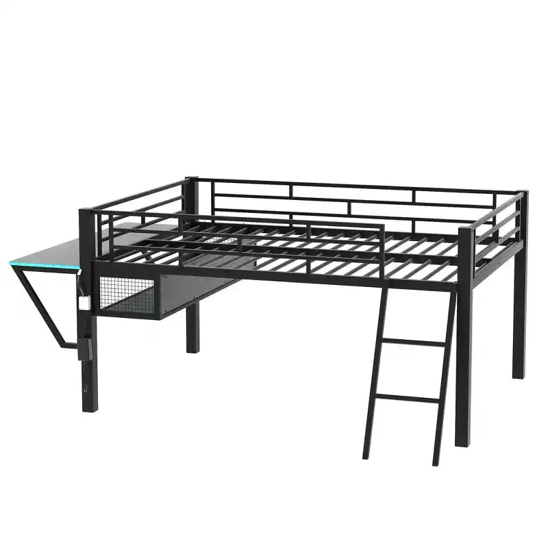 Lit mezzanine Whisen 92,8''L x 41,7''W en métal noir, style gaming, avec bureau intégré, échelle et étagère