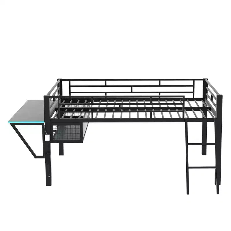 Lit mezzanine Whisen 92,8''L x 41,7''W en métal noir, style gaming, avec bureau intégré, échelle et étagère