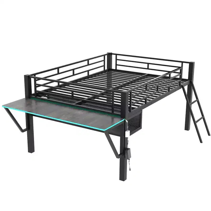 Lit mezzanine Whisen 92,8''L x 41,7''W en métal noir, style gaming, avec bureau intégré, échelle et étagère