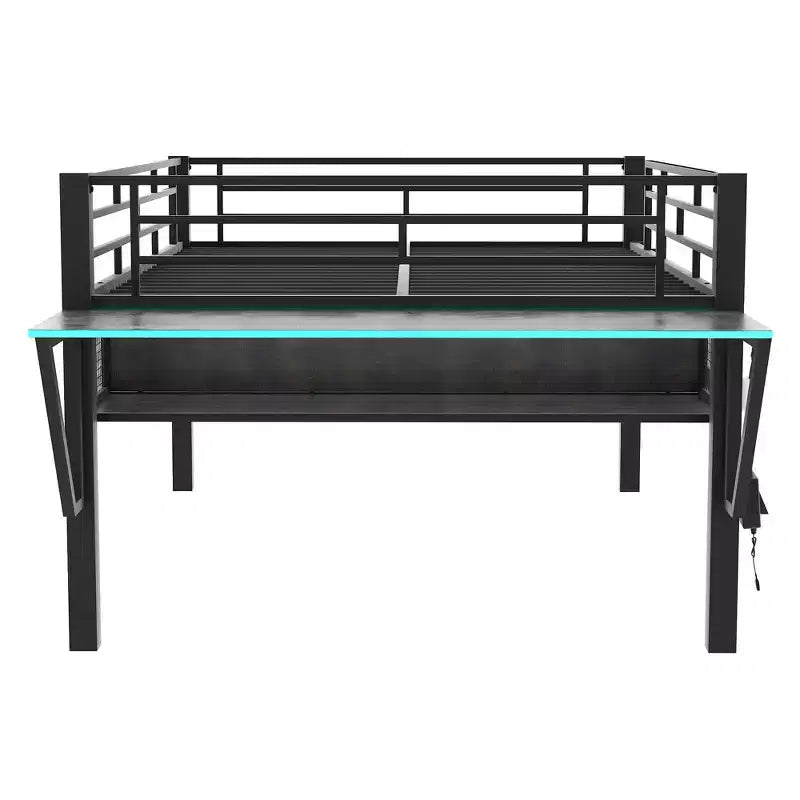 Lit mezzanine Whisen 92,8''L x 41,7''W en métal noir, style gaming, avec bureau intégré, échelle et étagère