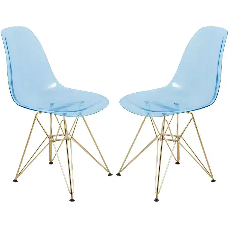 Chaises de salle à manger modernes en acrylique LeisureMod Cresco (lot de 2) - Piètement en chrome doré Eiffel, chaises d'appoint élégantes pour salles à manger et cuisines contemporaines