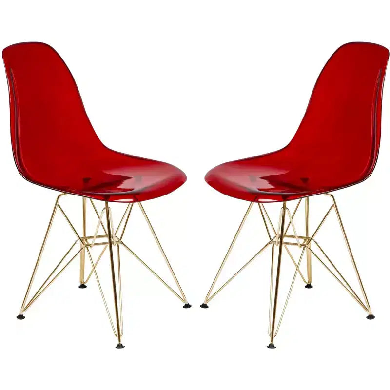 Chaises de salle à manger modernes en acrylique LeisureMod Cresco (lot de 2) - Piètement en chrome doré Eiffel, chaises d'appoint élégantes pour salles à manger et cuisines contemporaines