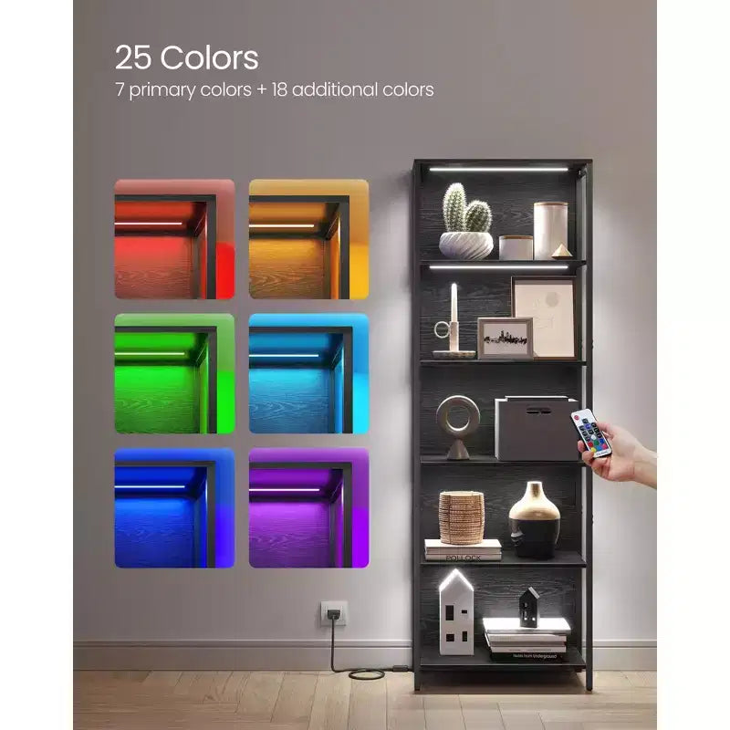 VASAGLE Étagère à Livres LED à 6 Niveaux, Étagère de Présentation avec Lumières Dimmables, Bibliothèque LED avec Cadre en Acier, 30 x 60 x 178,5 cm, Noir avec Grain de Bois