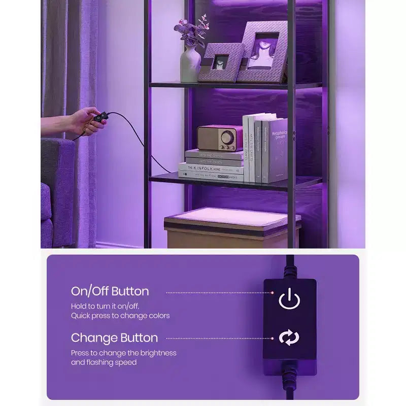 VASAGLE Étagère à Livres LED à 6 Niveaux, Étagère de Présentation avec Lumières Dimmables, Bibliothèque LED avec Cadre en Acier, 30 x 60 x 178,5 cm, Noir avec Grain de Bois