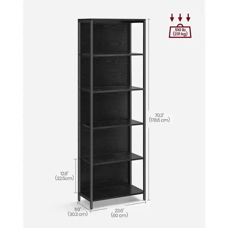 VASAGLE Étagère à Livres LED à 6 Niveaux, Étagère de Présentation avec Lumières Dimmables, Bibliothèque LED avec Cadre en Acier, 30 x 60 x 178,5 cm, Noir avec Grain de Bois