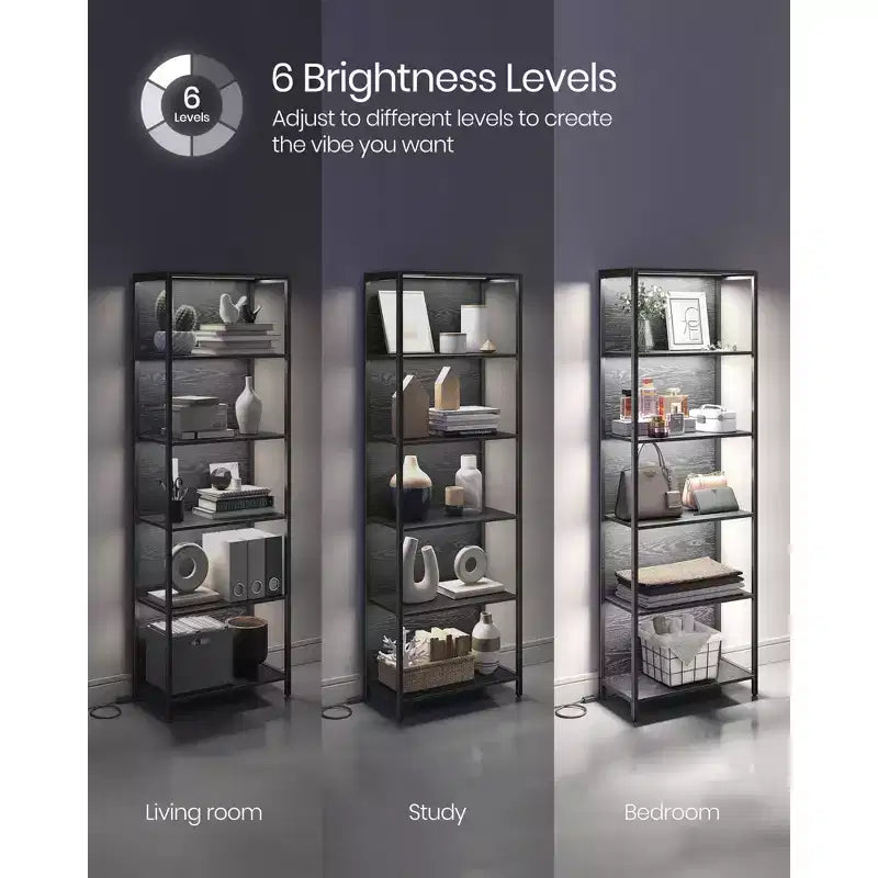 VASAGLE Étagère à Livres LED à 6 Niveaux, Étagère de Présentation avec Lumières Dimmables, Bibliothèque LED avec Cadre en Acier, 30 x 60 x 178,5 cm, Noir avec Grain de Bois