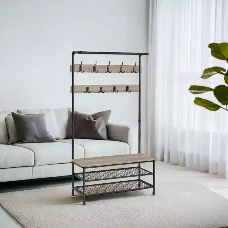 DAINTREE 3-in-1 Entryway Coat Rack and Storage Bench, Pipe Style Hall Tree with 9 Hooks, Multifunctional, Sturdy Steel Frame, Large Size, Industrial