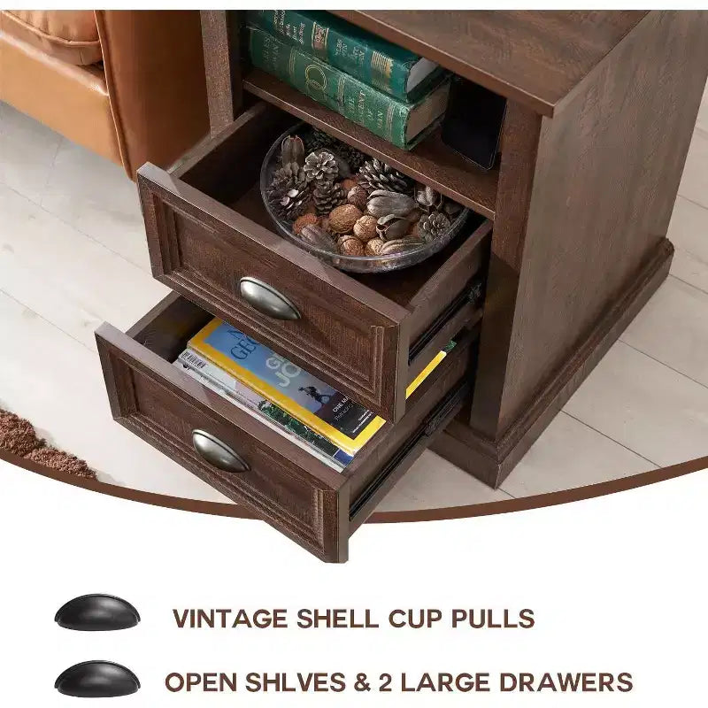 Table de chevet SinCiDo avec station de recharge et 2 tiroirs, table d'appoint de style ferme pour chambre à coucher, salon