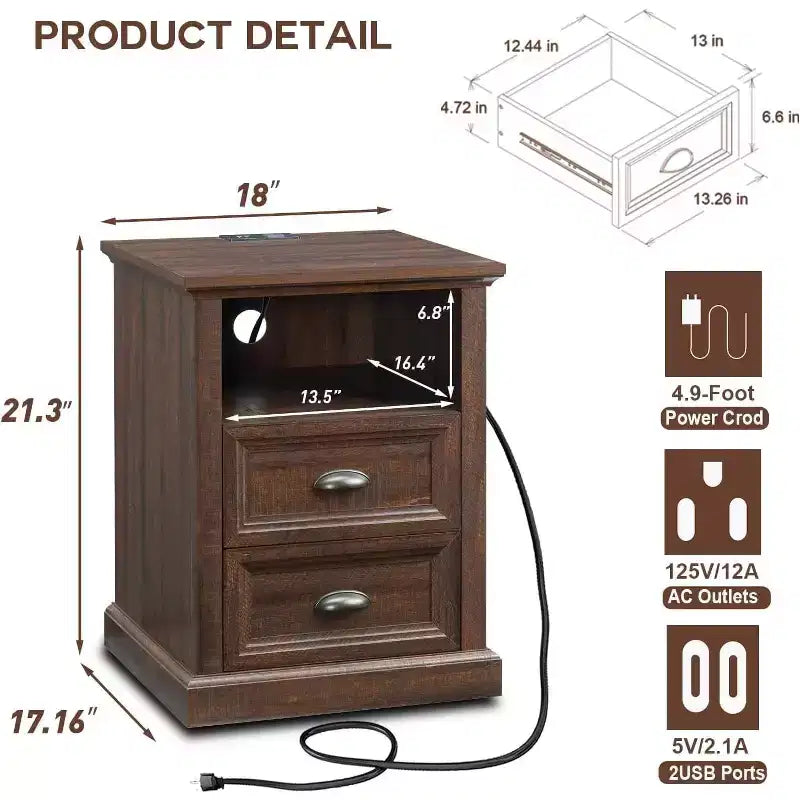 Table de chevet SinCiDo avec station de recharge et 2 tiroirs, table d'appoint de style ferme pour chambre à coucher, salon